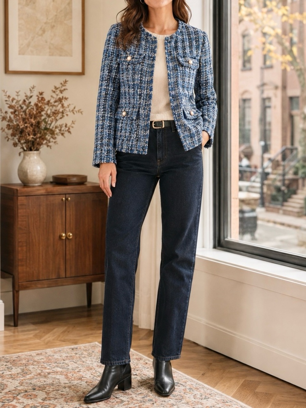 One Third Tweed Plaid Blazer Large Blue Black Pearl Button Jacket 14 Classic